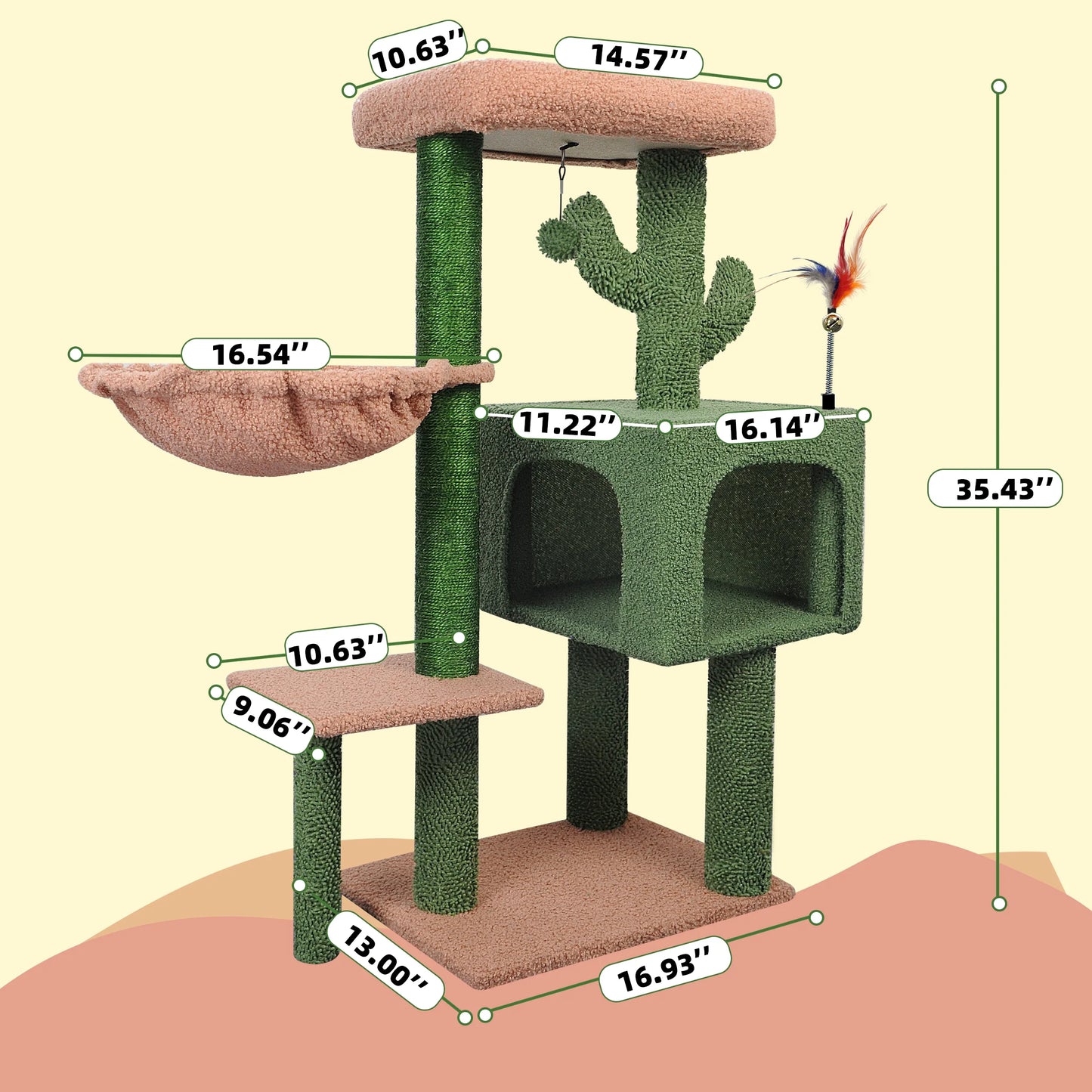 35.43" Desert Cactus Cat Tree Has Scratching Toy with a Ball Activity Centre Cat Tower Furniture Sisal-Covered Scratching Posts,Green