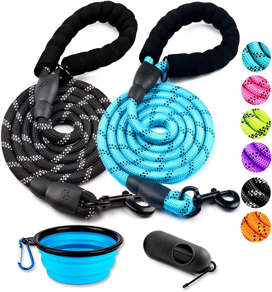 2 Pack Dog Leash 2/5/6 FT Heavy Duty - Comfortable Padded Handle - Reflective Dog Leash for Medium Large Dogs with Collapsible Pet Bowl Set 2-Black+Blue