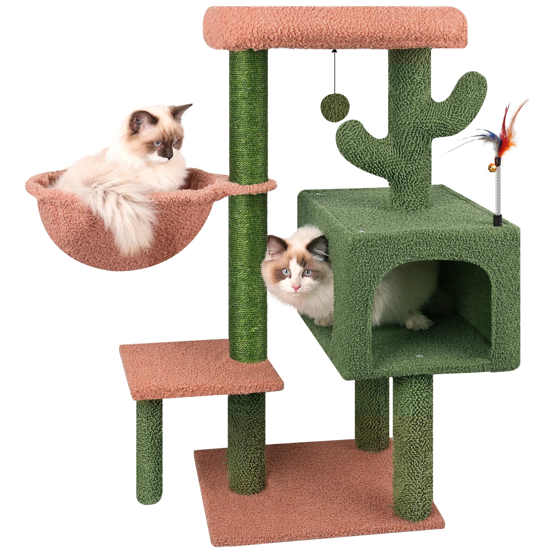 35.43" Desert Cactus Cat Tree Has Scratching Toy with a Ball Activity Centre Cat Tower Furniture Sisal-Covered Scratching Posts,Green