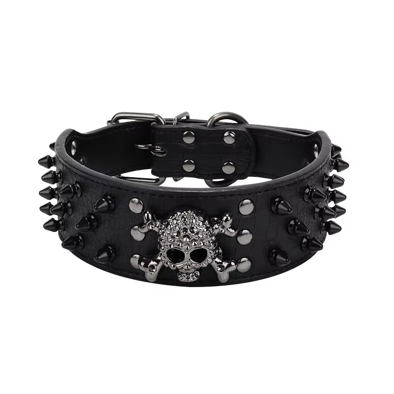 2Inch Wide Skull Spiked Studded Leather Large Dog Collars for Medium Large Breeds Pitbull Mastiff Boxer Bully Dog Harness