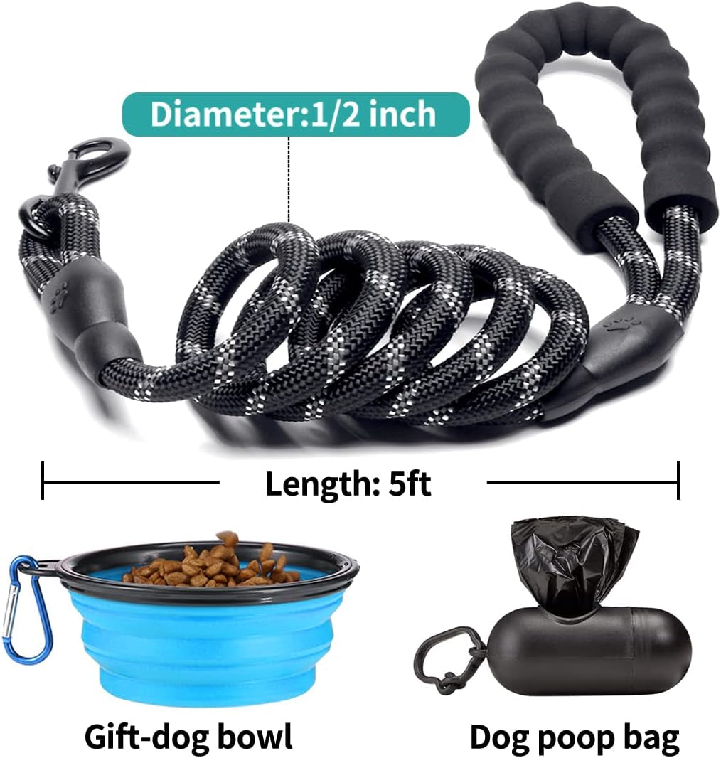 2 Pack Dog Leash 2/5/6 FT Heavy Duty - Comfortable Padded Handle - Reflective Dog Leash for Medium Large Dogs with Collapsible Pet Bowl Set 2-Black+Blue