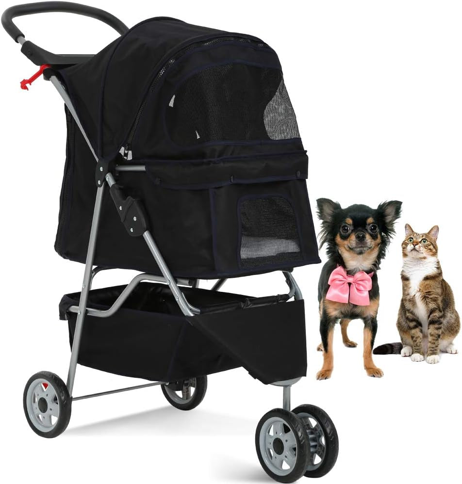 Pet Stroller Jogger Cat Dog Cage 3 Wheels Stroller Travel Folding Carrier Strolling Cart with Cup Holders and Removable Liner 35Lbs Capacity Large Doggie Stroller for Small-Medium Dogs, Cats Black