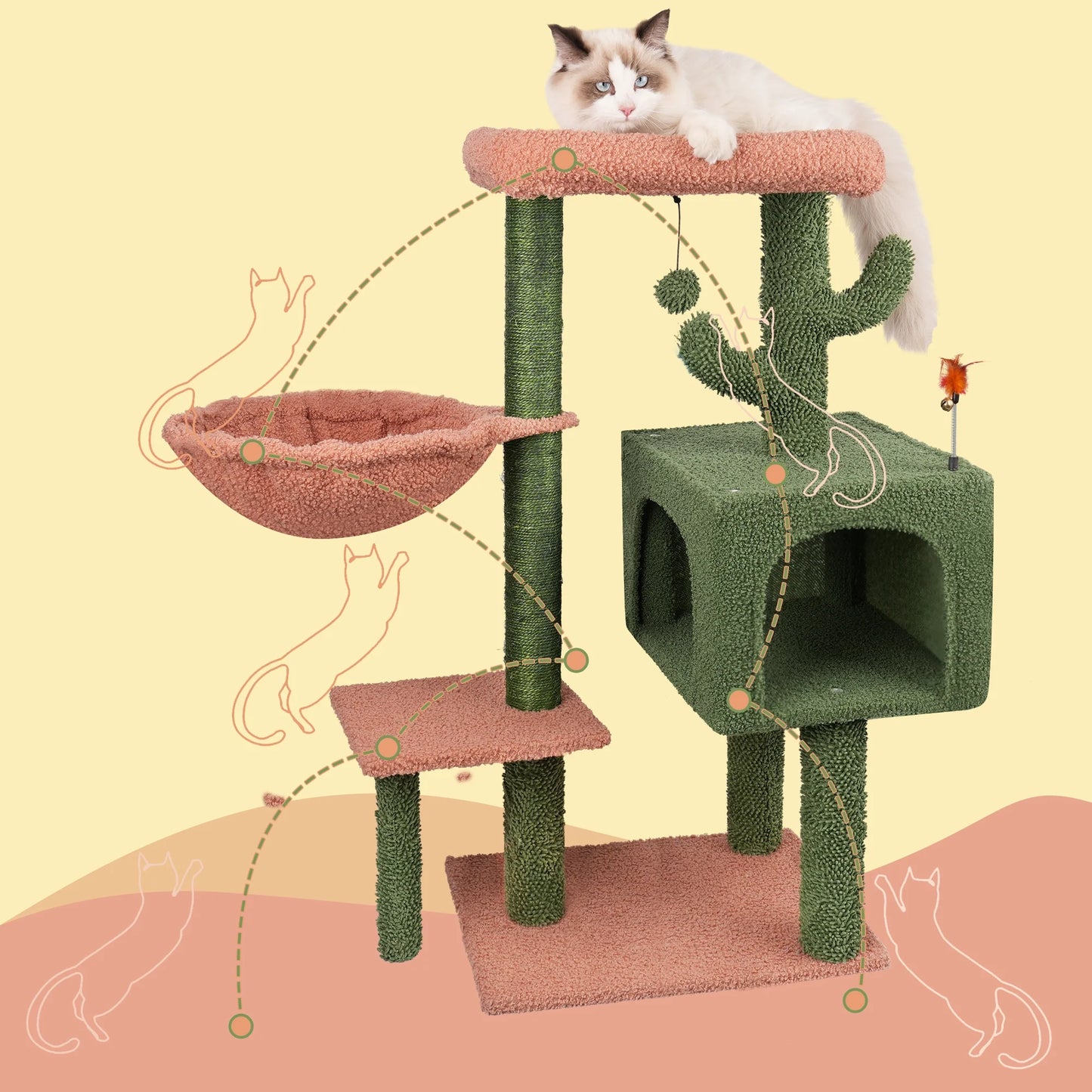 35.43" Desert Cactus Cat Tree Has Scratching Toy with a Ball Activity Centre Cat Tower Furniture Sisal-Covered Scratching Posts,Green