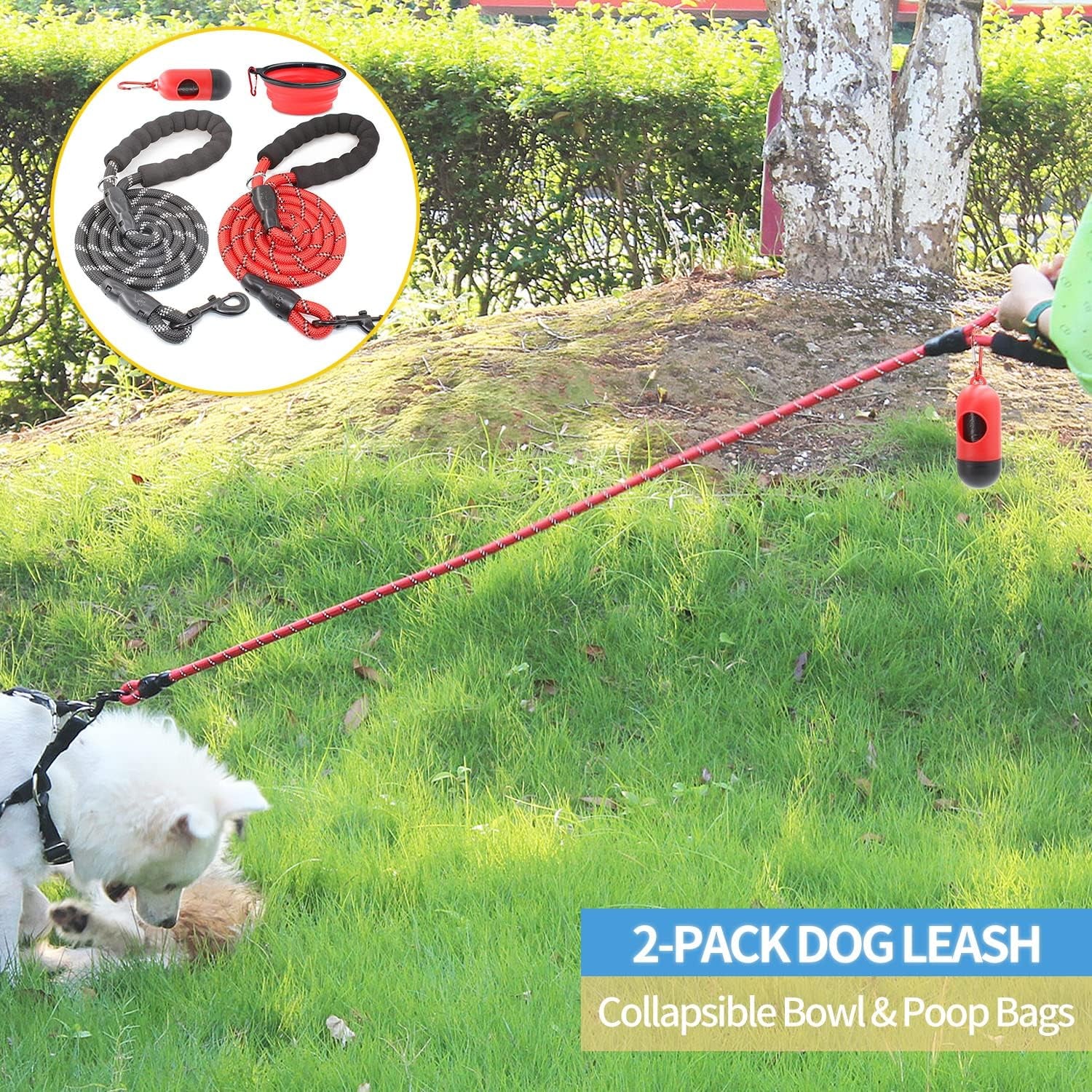 2 Packs 5/6 FT Dog Leash with Comfortable Padded Handle and Highly Reflective Threads Dog Leashes for Small Medium and Large Dogs (5FT-1/2'', Black+Red)