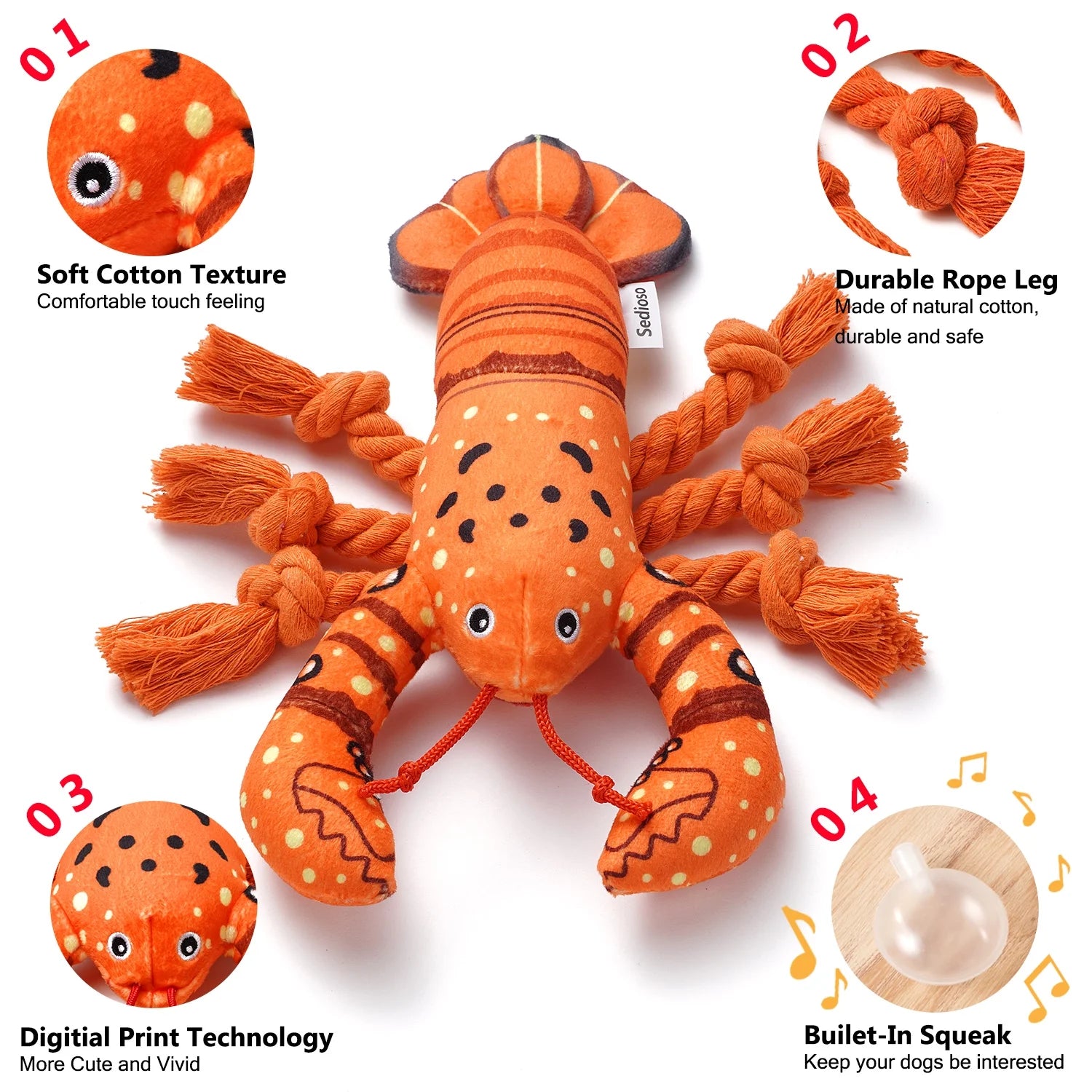 Dog Toys, Stuffed Animal Dog Chew Toy, Cute Squeaky Dog Plush Toys with Crinkle Paper for Puppy, Small, Middle, Large Breed(Lobster)