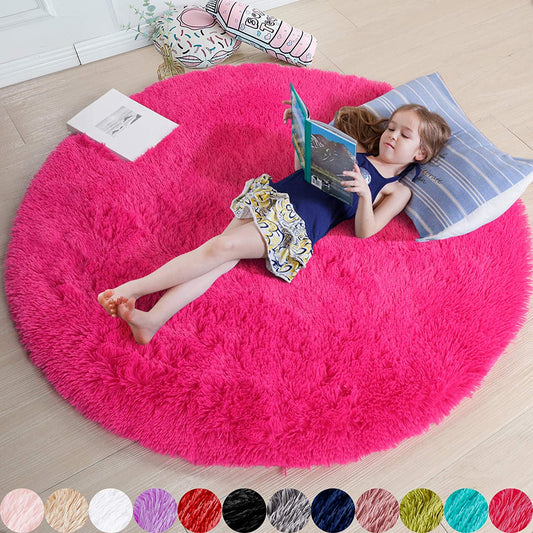 Hot Pink round Rug for Girls Bedroom,Fluffy Circle Rug 5'X5' for Kids Room,Furry Carpet for Teen Girls Room,Shaggy Circular Rug for Nursery Room,Fuzzy Plush Rug for Dorm,Pink Carpet,Cute Room Decor