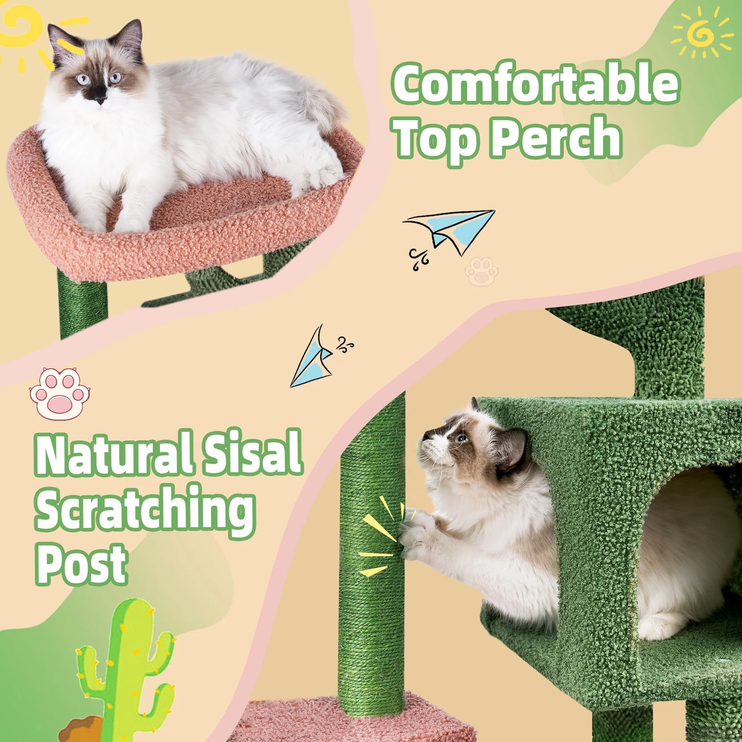 35.43" Desert Cactus Cat Tree Has Scratching Toy with a Ball Activity Centre Cat Tower Furniture Sisal-Covered Scratching Posts,Green